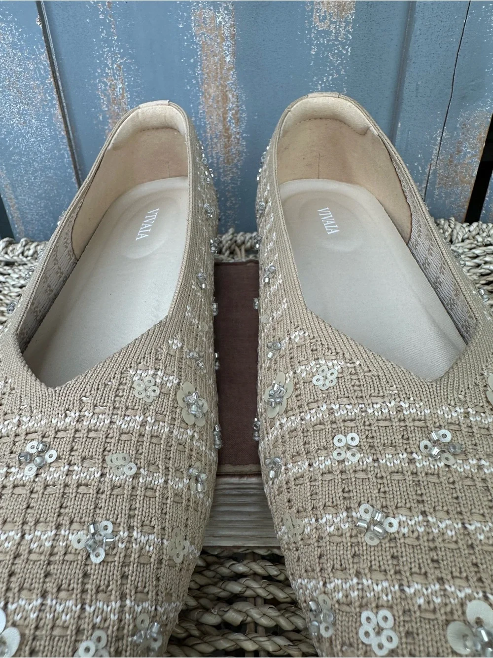 Vivaia Margot 2.0 Sequins Square Toe V-Front Flat Natural Linen Sz 41, 9.5 NWOB